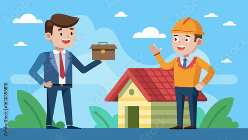 a businessman and roofer are facing forward giving