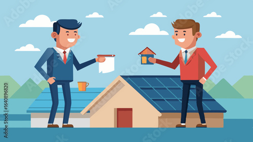 a businessman and roofer are facing forward giving