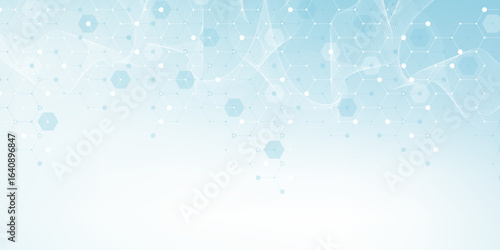 Modern health care or medical background design. Health care innovation concept. Horizontal header web banner. Abstract geometric background with hexagon shapes for medicine, science, chemistry.