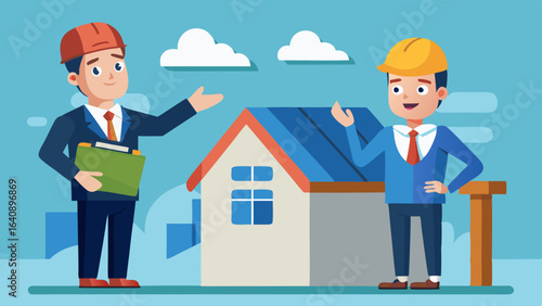 a businessman and roofer are facing forward giving