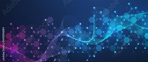 Molecular abstract structure and genetic engineering DNA. Healthcare and medicine background concept. Scientific research background. Wave flow. Innovation pattern. Vector illustration.