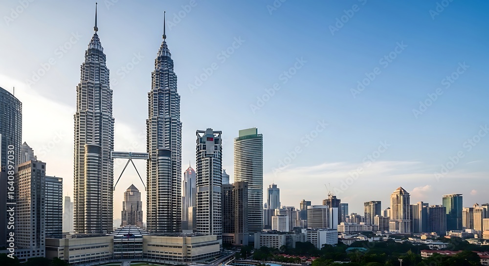 Obraz premium The Petronas Towers are twin skyscrapers in Kuala Lumpur, Malaysia, standing at 452 meters
