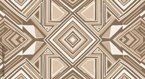 Symmetrical geometric pattern with diamond and angular shapes in shades of brown and beige.