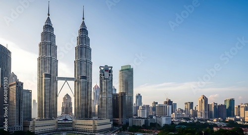 The Petronas Towers are twin skyscrapers in Kuala Lumpur, Malaysia, standing at 452 meters