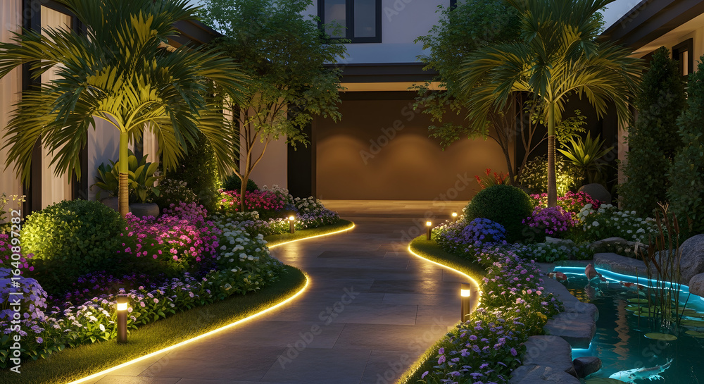 Fototapeta premium Garden Pathway with Warm Lighting and Pond at Twilight