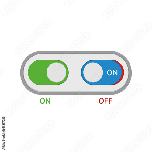 Slider button set showing toggle button on and off on white background. Toggle button set, green and blue, indicates on/off states.