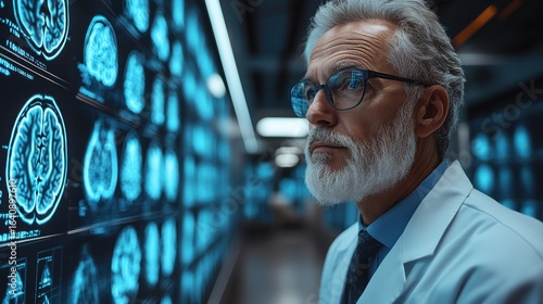 Doctor Viewing Brain Scans on Display Screen