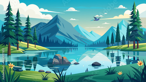 a serene lake surrounded by tall pine trees