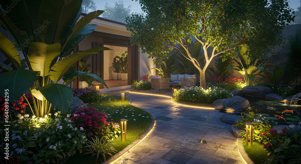 Obraz premium Tranquil Lit Garden with Stone Path, Lush Foliage, and Peaceful Backyard Pond