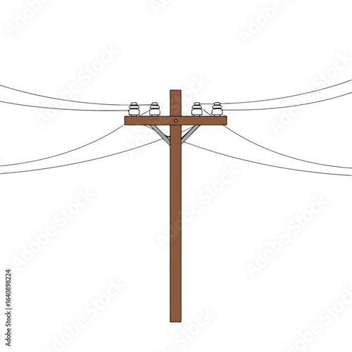Isolated telephone pole against white background. Old telephone pole with wires and insulators against simple backdrop shows the urban communications.