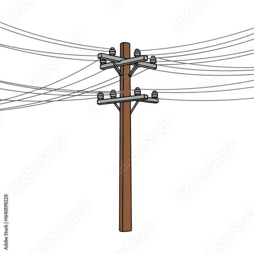 Isolated telephone pole featuring multiple wires against white background. Telephone pole stands tall, showcasing intricate network with several cables and insulators attached.
