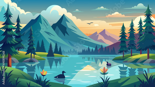 a serene lake surrounded by tall pine trees