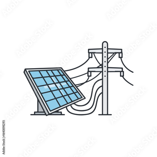 Solar panel and electric pylon showcasing green energy solutions for sustainable city communications. Solar panel harnesses sunlight for power generation and clean energy.