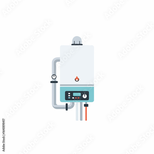 Modern home boiler installation for heating system, providing reliable temperature control. Installation ensures efficient heating system for comfort, with pipes and digital display.