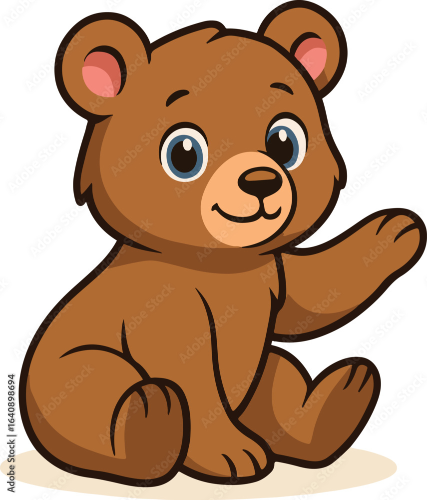 Obraz premium Adorable Cartoon Bear Cub Sitting Down and Waving Its Paw in a Cheerful Greeting