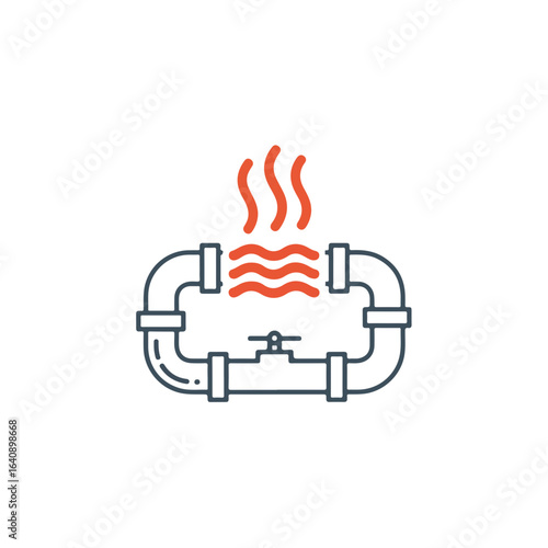 Industrial piping system depicted with stylized red heat waves and shutoff valve, ideal for city communications. Piping system illustrates a closed loop design with connecting flanges,