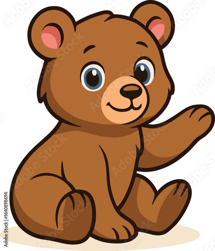 Adorable Cartoon Bear Cub Sitting Down and Waving Its Paw in a Cheerful Greeting