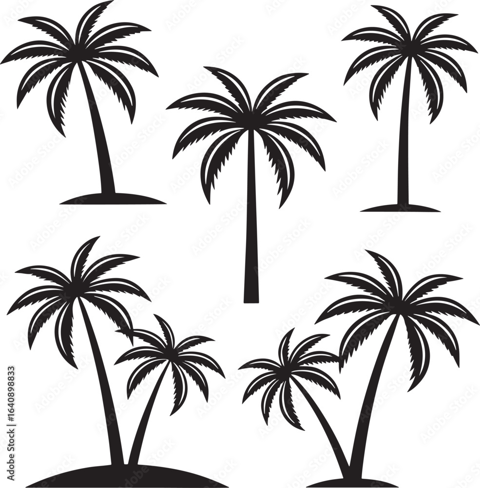 Fototapeta premium Black palm trees silhouettes on white background with ground