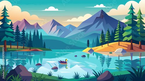 a serene lake surrounded by tall pine trees