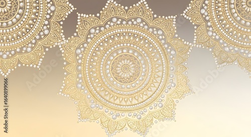 An elegant composition of intricate golden mandalas adorned with white pearls on a soft gradient background.