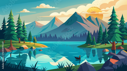 a serene lake surrounded by tall pine trees