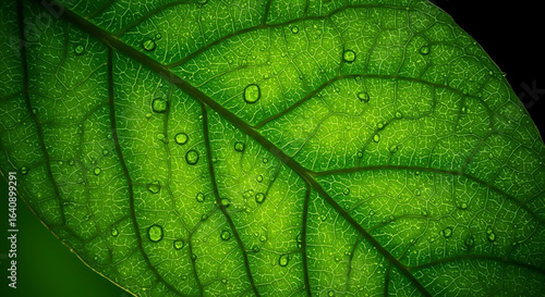 A magnified macro view of an emerald green leaf, showing intricate vein patterns and tiny glistening water droplets on its surface.