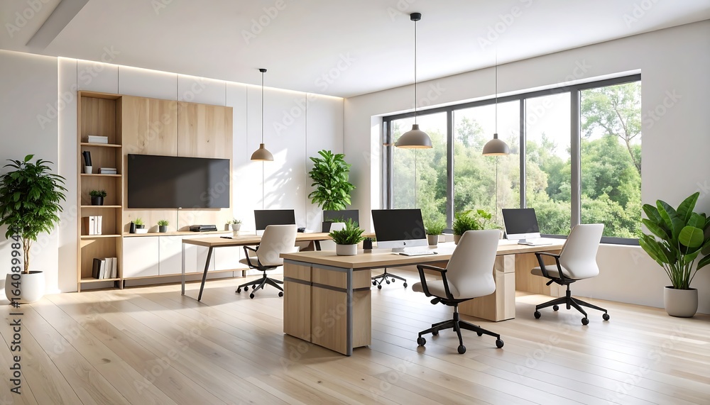 Fototapeta premium Modern openplan office space with workstations with large windows, and and wooden design.