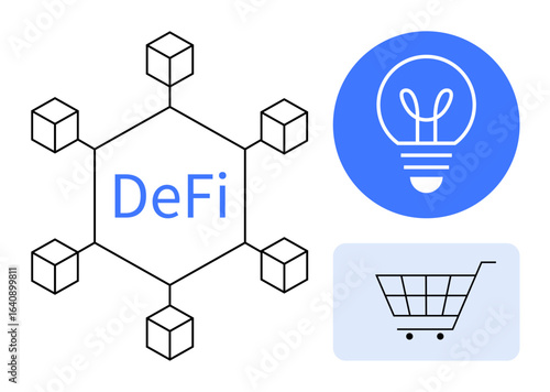 Decentralized blockchain nodes with DeFi text, a lightbulb for innovation, and a shopping cart for e-commerce. Ideal for blockchain, finance, innovation, technology, digital economy, e-commerce