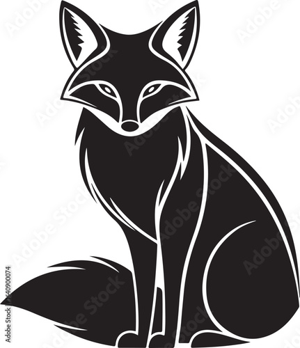 Stylized silhouette of a seated black fox with alert ears and bushy tail evoking a sense of wild elegance and mystery