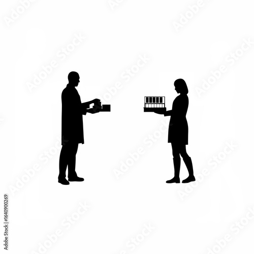 Biomedical specialist silhouette handling test tubes isolated on white background