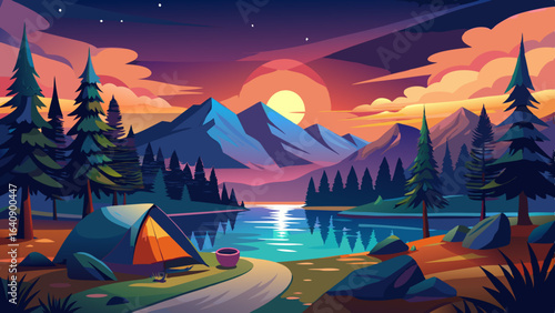calm lakeside camping scene with starlit sky