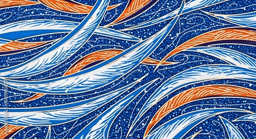 Dynamic abstract pattern featuring flowing blue and orange wave-like shapes on a dark, speckled background.