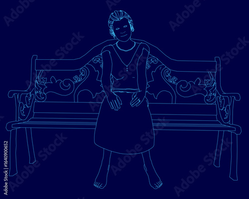 A graceful grandma sits on a wooden bench with her legs crossed, wearing a flowing dress. The deep blue background highlights her elegant contour. The scene exudes calm and sophistication.