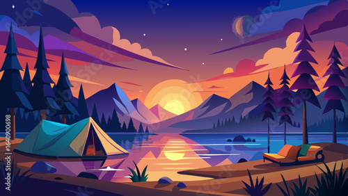calm lakeside camping scene with starlit sky