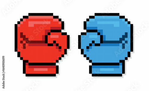 Pixel art of boxing gloves. Pixelated blue and red boxing gloves for logo, icon, emblem, and design element.
