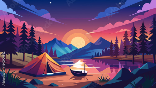 calm lakeside camping scene with starlit sky