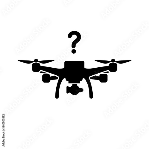 Silhouette of delivery drone with question mark, concept of technology and uncertainty