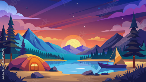 calm lakeside camping scene with starlit sky