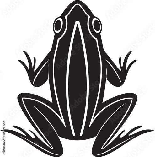 Stylized black silhouette of a frog with white stripes and outstretched legs facing forward in a top down view