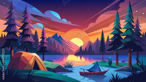 calm lakeside camping scene with starlit sky