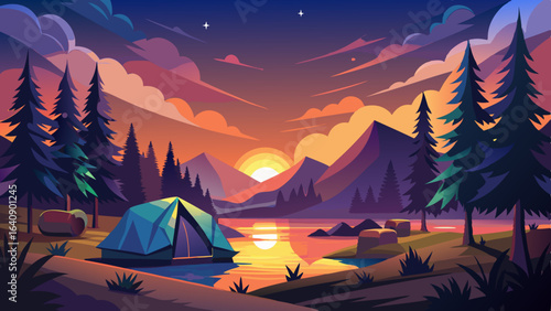 calm lakeside camping scene with starlit sky