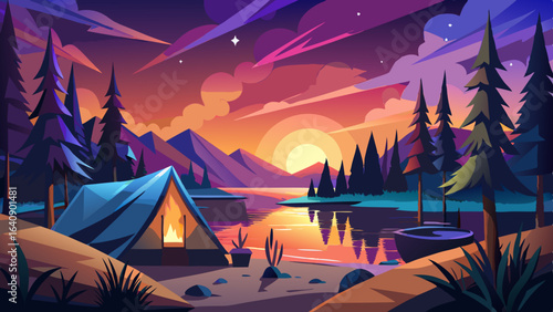 calm lakeside camping scene with starlit sky
