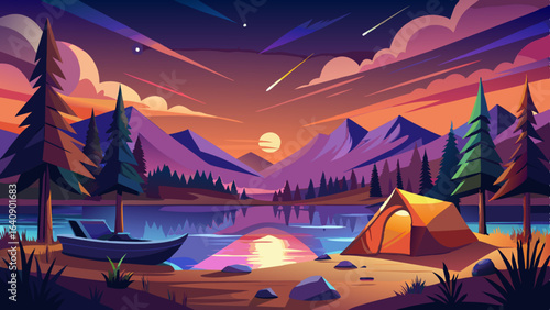 calm lakeside camping scene with starlit sky