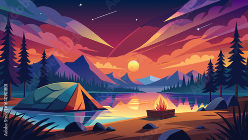 calm lakeside camping scene with starlit sky
