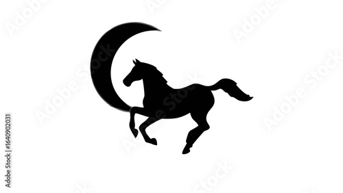 Silhouette of a running horse with a crescent moon behind it on a white background creating a stark contrast