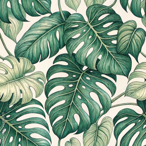 Vibrant green monstera leaves tropical forest botanical illustration lush environment close-up view nature’s beauty and diversity