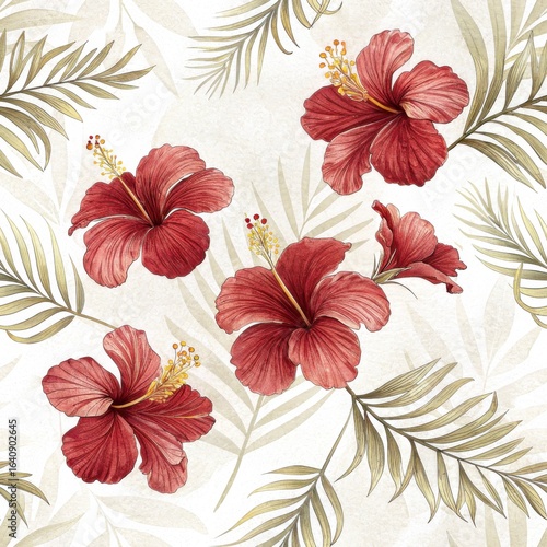 Vibrant red hibiscus flowers tropical garden floral pattern botanical art close-up view nature beauty