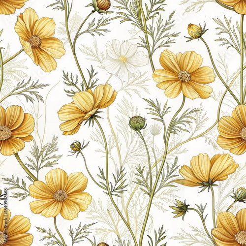 Floral pattern design featuring yellow flowers studio setting digital art bright environment close-up viewpoint for modern decor