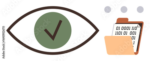 Eye with checkmark indicating access, open folder revealing binary code. Ideal for privacy, cybersecurity, surveillance, approval, analysis, technology access control. Simple flat metaphor