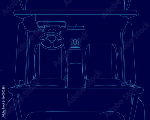 A detailed blueprint of a car interior features a blue background with clear contours. The design highlights the steering wheel, dashboard, and seating layout. Top view